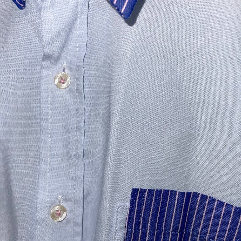 Oleg Cassini Skinny Shirt XL Mens Vintage Cotton Blue Pink Striped Pocket Collar - Picture 8 of 12